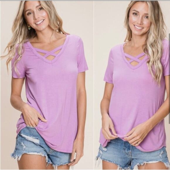 Women's Short Sleeve Relaxed Fit T-Shirt Tee Top with Criss Cross V-Neck Purple - Picture 11 of 12